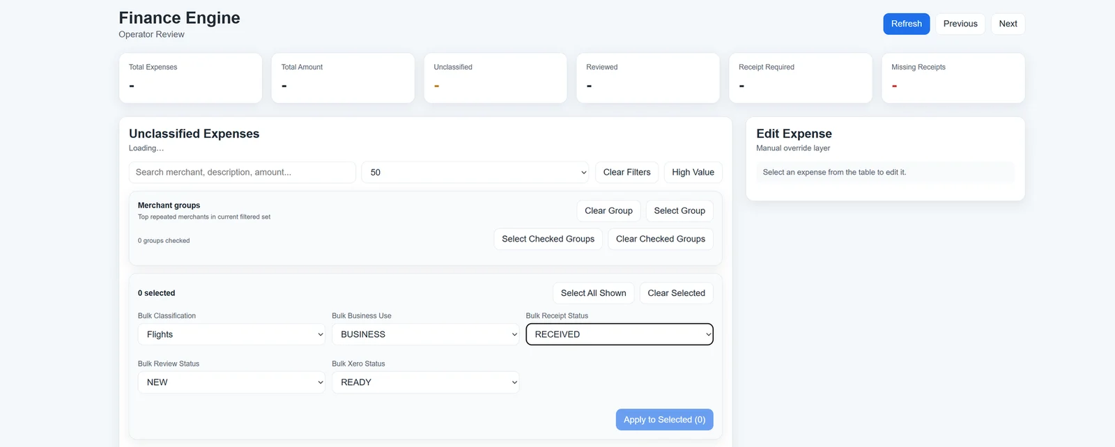 The Finance Engine operator review screen. Shown with no data loaded.