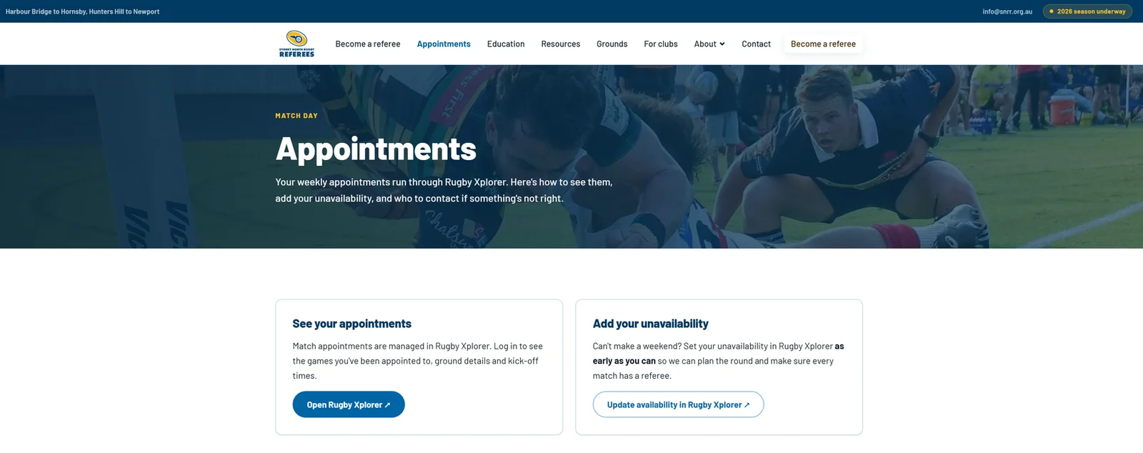 The Sydney North Rugby Referees appointments page, live at snrr.org.au.