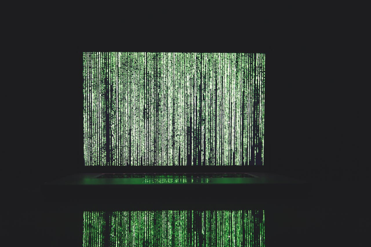 Services-02 Abstract depiction of green matrix code on a computer monitor.